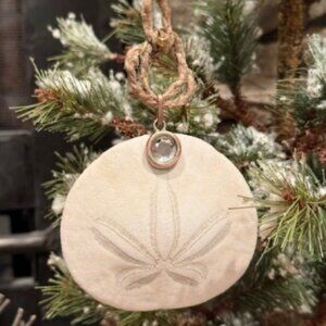 SAND DOLLAR CHRISTMAS ORNAMENT 100% REAL w/ Twine & a Crystal Jem  3" x 2.75"